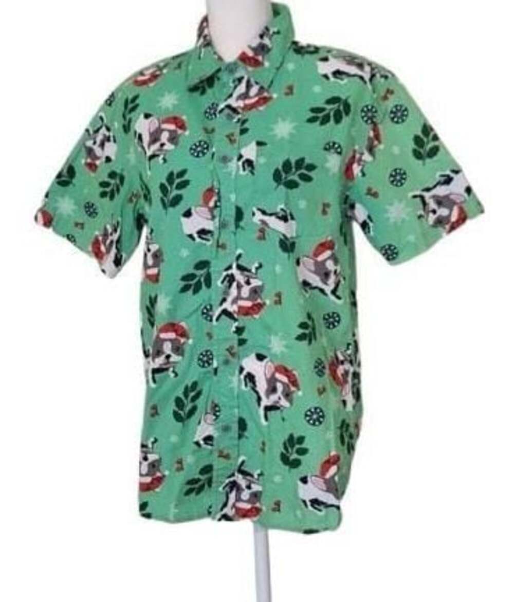 Christmas French Bulldog Santa Hat Green Short Sleeve Button Down Shirt